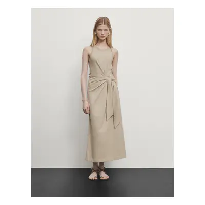 Vestido Midi Com Pormenor De Laçada - Pedra - Massimo Dutti - Mulher