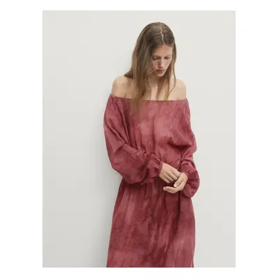 Vestido Comprido Estampado Com Ombros Descobertos - Rosa - Xs - Massimo Dutti - Mulher