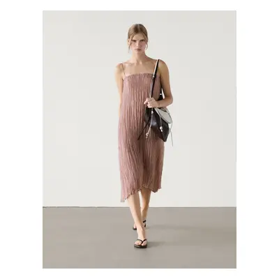 Vestido Midi Plissado Com Alças - Rosa - Massimo Dutti - Mulher