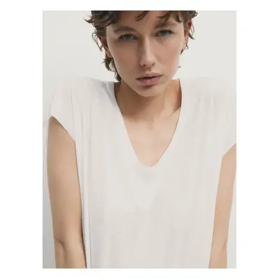 Camiseta De Manga Curta Em Mescla De Linho - Cru - Massimo Dutti - Mulher