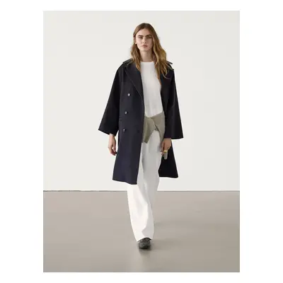 Sobretudo Trench Comprido Em Mistura De Fazenda - Azul Profundo - Xs - Massimo Dutti - Mulher