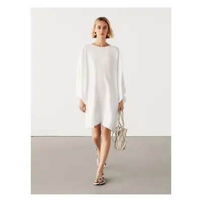 Vestido Curto Com Manga Abalonada Em Mistura De Linho - Branco - Massimo Dutti - Mulher