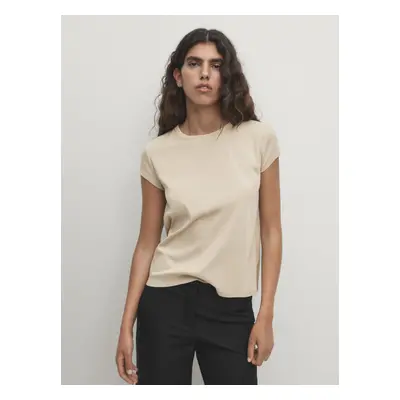 Camiseta Manga Curta De Algodão Mercerizado - Pedra - Xl - Massimo Dutti - Mulher