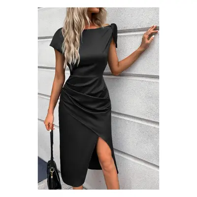 Vestido Midi Elegante Com Detalhes Franzidos, Preto