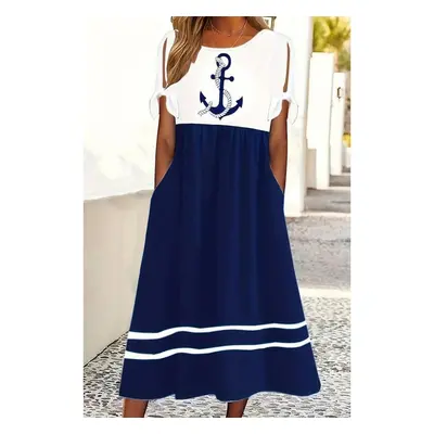 Vestido Midi Com Estampa Âncora, Branco/Marinho