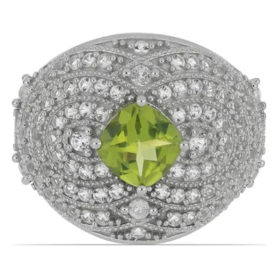 Anel de Prata com Peridoto de Changbai e Topázio Branco Contraste: Cabeca de Veado (800), Tamanh