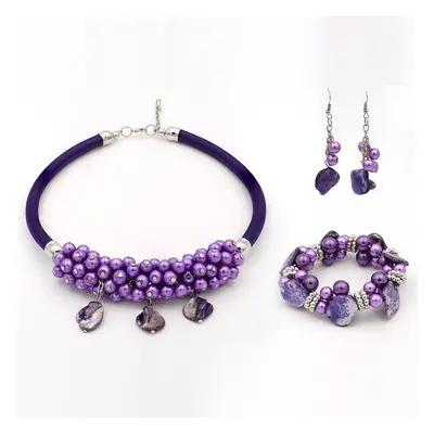 Conjunto com Concha e Cristal Emporia® Roxo ( Colar+Brincos+Pulseira )