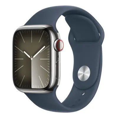 apple watch series 9 gps + cellular 41mm silver stainless steel case with storm blue sport band 