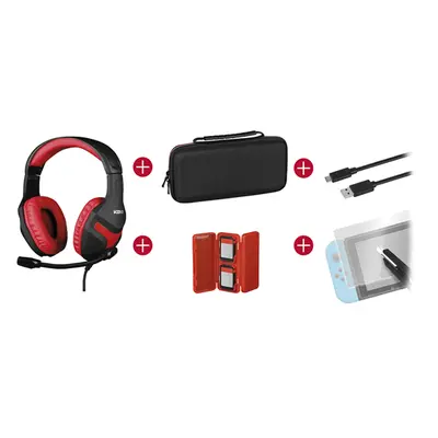 pack gamer konix switch headset gaming + funda + caja para 4 cartuchos + cable 1.8m + protector 