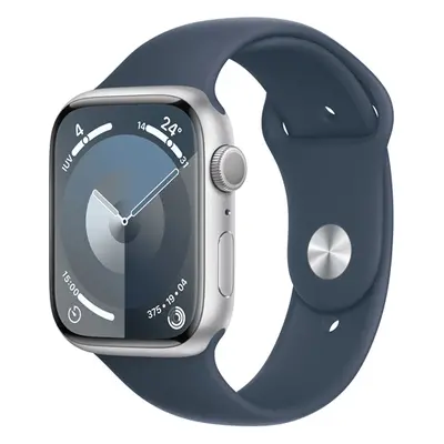 apple watch series 9 gps 45 mm caixa de alumínio prateado com pulseira esportiva azul storm - m 