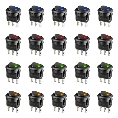 20PCS Interruptor Basculante Redondo 3Pin 20A 12V com Luz LED: Azul, Amarelo, Vermelho e Luz Ver