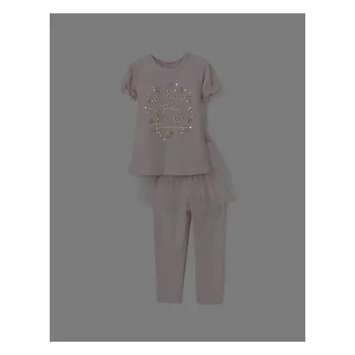 Pijama Brilha no Escuro com Saia de Tule para Menina 'Sleep', Rosa