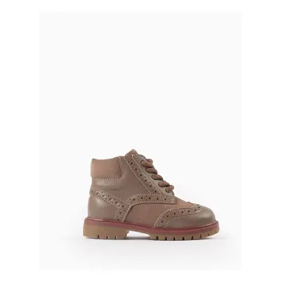 Botas Brogue de Pele para Bebé Menino, Castanho