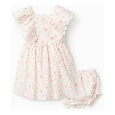 Vestido + Tapa-Fralda Floral com Folhos para Bebé Menina, Branco