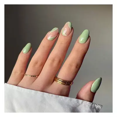 Instantly Upgrade Your Look with 24pcs Long Almond Green Solid Color Block Striped Fake Nail & 1