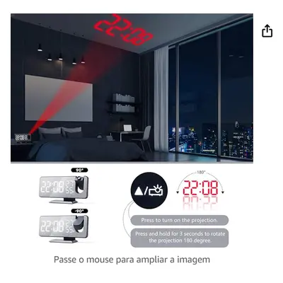 XFTOPSE Rádio relógio, despertador digital com projeção de LED para quarto, relógio espelhado di