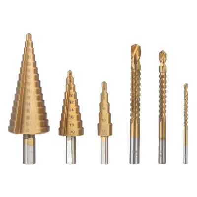 6PCs HSS Step Drill Bit Sets Straight Titanium Coated Cone Hole Cutter Automatic Center Punch Sp