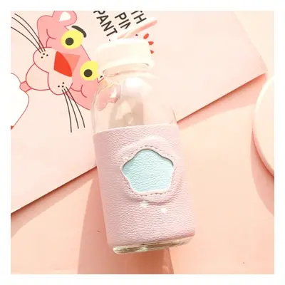 Portable Cute Water Cup Leather Insulated Glass Cup with Leather Case(Light Pink)