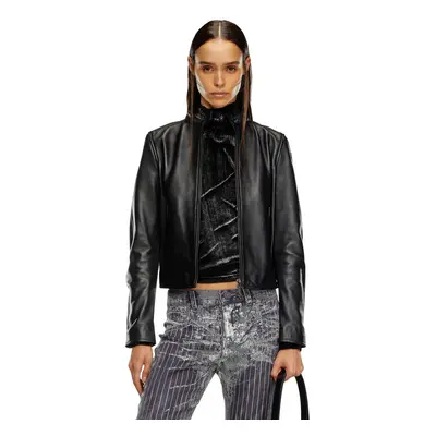 Diesel - Leather biker jacket with embossed logo - Leather jackets - Woman - Black