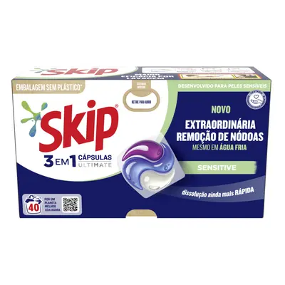 Detergente Roupa Máquina Cápsulas Skip Ultimate Sensitive Embalagem Cartão 40doses