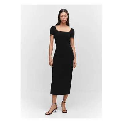 MANGO - Vestido pelo joelho decotado preto - Mulher