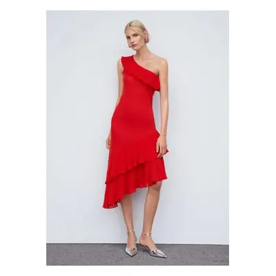 MANGO - Vestido assimétrico com folhos vermelho - Mulher