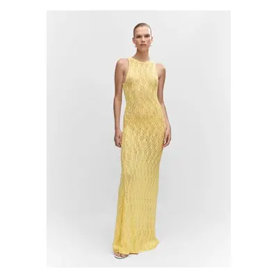 MANGO - Vestido comprido rendado amarelo - Mulher