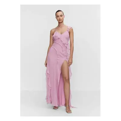 MANGO - Vestido com abertura e folhos rosa-pastel - Mulher