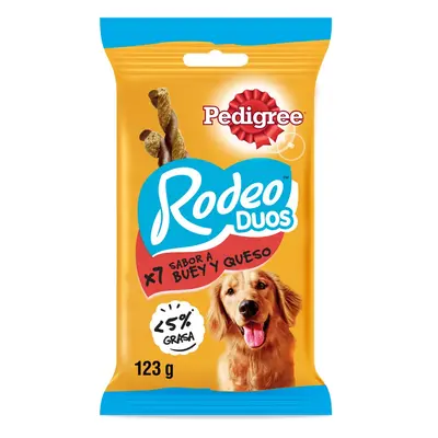 4 pacotes x 123 g Pedigree Rodeo Duos snacks queijo e boi para cães Pack poupança!