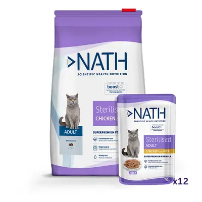 10 kg + 12 saquetas x 70 g Pack Nath Sterilised - ração e comida húmida para gato Pack poupança!