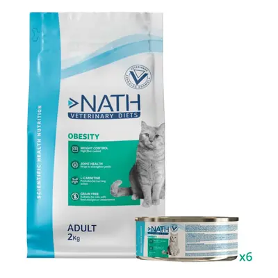 2 kg + 6 latas x 200 g Pack Nath Obesity - ração e alimento húmido para gato Pack poupança!