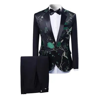 Allthemen Mens 2-Piece Banquete de Casamento Jacquard Floral Slim Suits Preto/verde