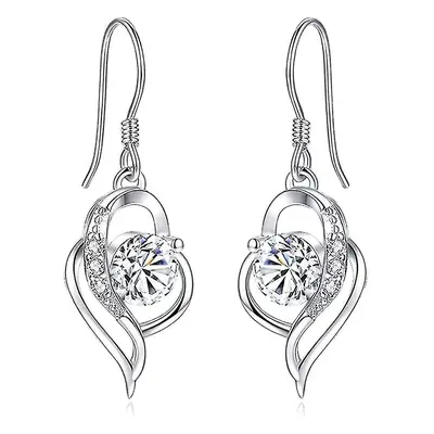 Brincos de gota de dangle prateado para mulheres, 925 brincos de coração esterlinas, com zircôni