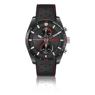 Racing-inspired watch with perforated leather strap