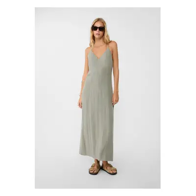 Stradivarius Vestido midi halter com linho Caqui