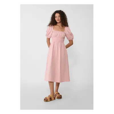 Stradivarius Vestido midi fluido de manga abalonada com linho Cor-de-rosa pastel