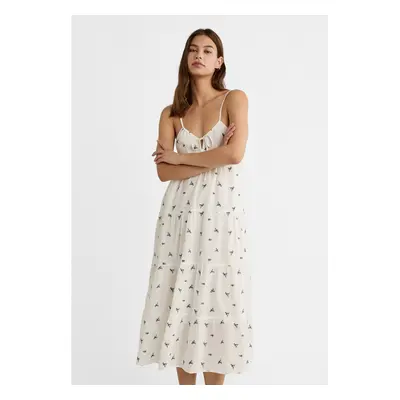 Stradivarius Vestido fluido midi com bordado de flores Cru