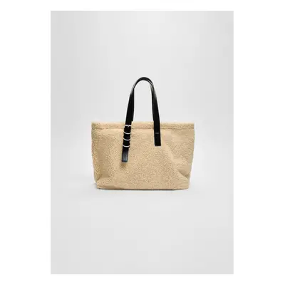 Stradivarius Mala tote bag combinada com efeito de pelo encaracolado Cru