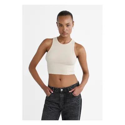 Stradivarius T-shirt cropped básica canelada Pedra