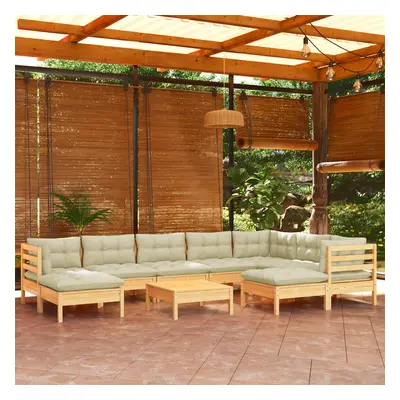 vidaXL 10 pcs conjunto lounge jardim c/ almofadões creme pinho maciço