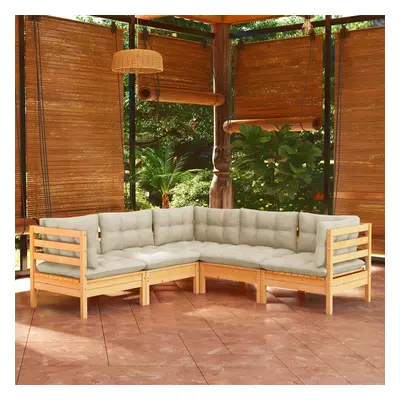 vidaXL 5 pcs conjunto lounge jardim c/ almofadões creme pinho maciço