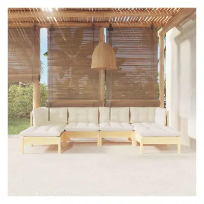 vidaXL 6 pcs conjunto lounge jardim c/ almofadões cor creme pinho