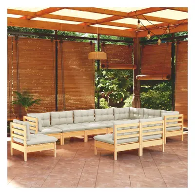 vidaXL 10 pcs conjunto lounge jardim c/ almofadões creme pinho maciço