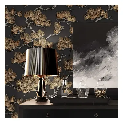 DUTCH WALLCOVERINGS Papel de parede efeito pinheiros preto e dourado