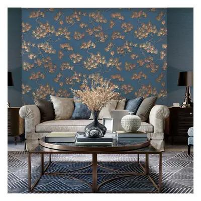 DUTCH WALLCOVERINGS Papel de parede efeito pinheiros dourado e azul